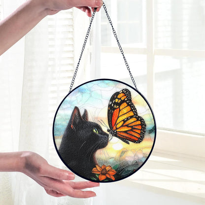 Black Cat Gifts, Cat Memorial Suncatcher Gift for Loss of Cats Butterfly Stained Glass Suncatcher