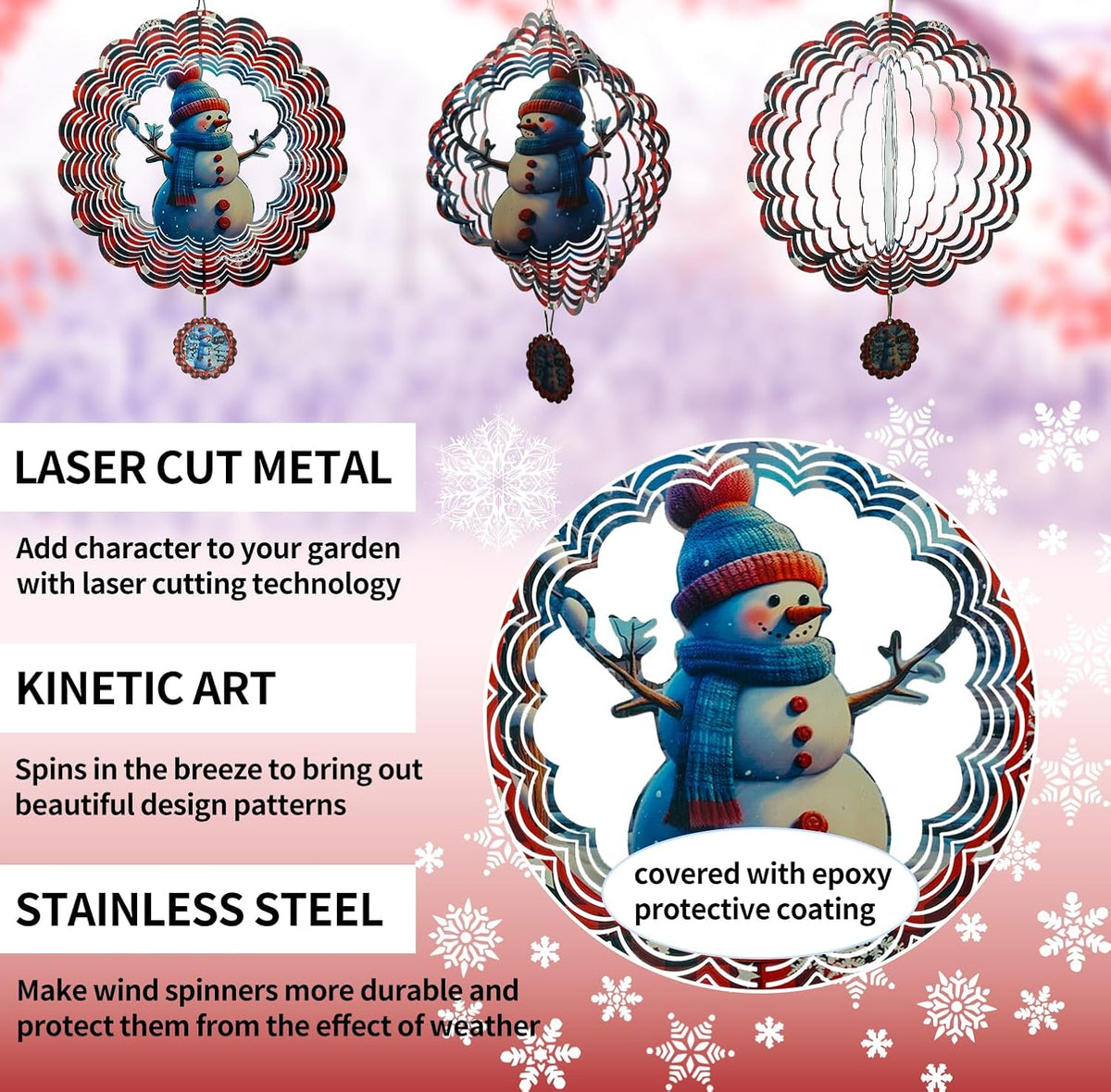 3D Snowman Wind Spinners for Yard and Garden Christmas Decor 12 Inch Outdoor Metal Stainless Steel