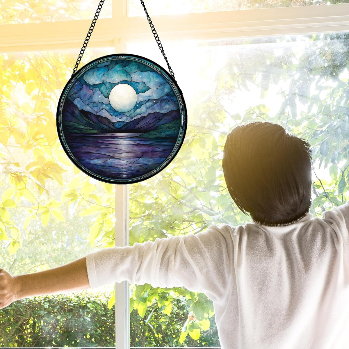 Stained Glass Window Hanging, Blue Night Moon Lake Sun Catchers Colorful Glass Panel Landscape