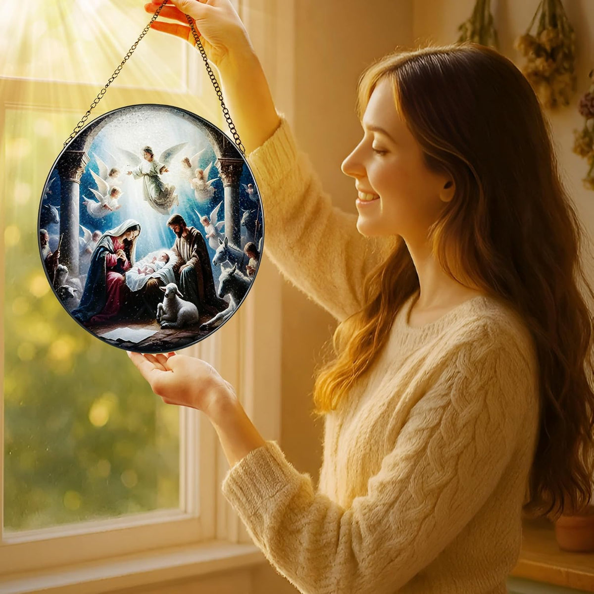 Stained Glass Window Hanging, LAOWEIKI 8'' Nativity Scene Suncatcher, Stained Glass Ornament