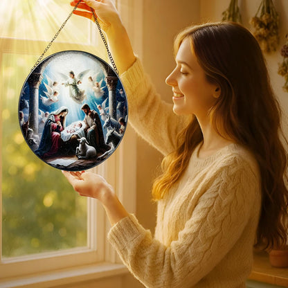 Stained Glass Window Hanging, LAOWEIKI 8'' Nativity Scene Suncatcher, Stained Glass Ornament