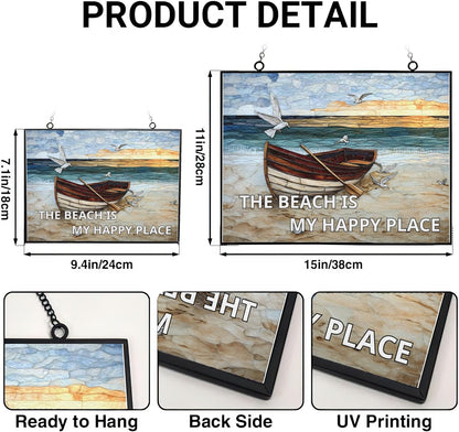 Rectangle The Beach is My Happy Place Stained Glass Suncatcher Window Hanging, Gothic Dragon