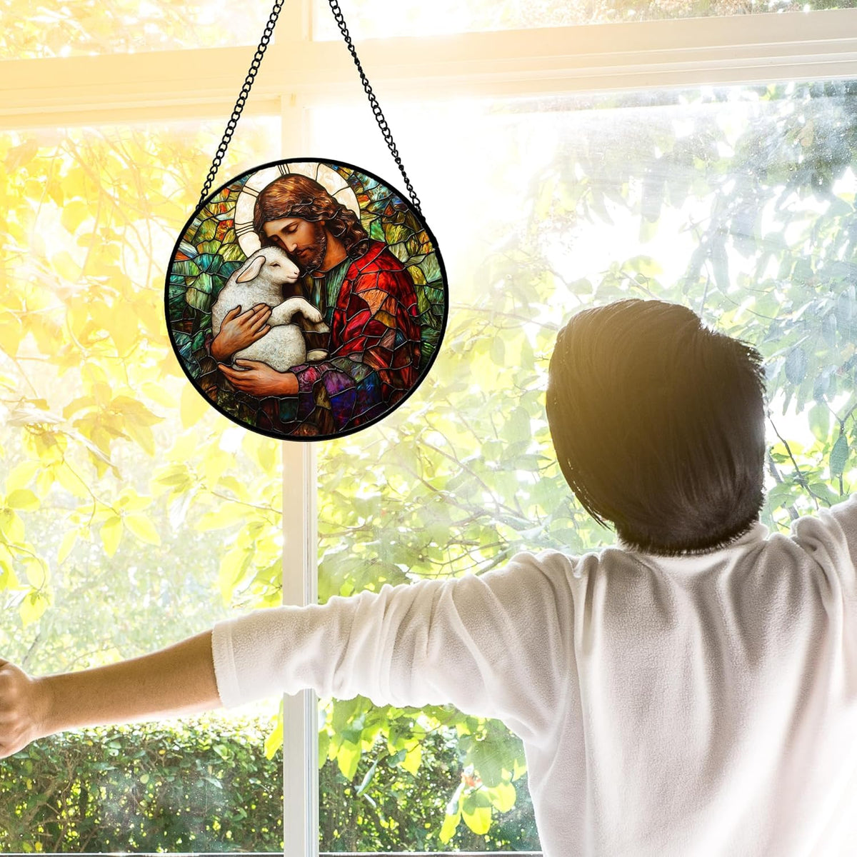 Stained Glass Window Hanging, Jesus Little Lamb Sun Catchers Colorful Glass Panel Christianity