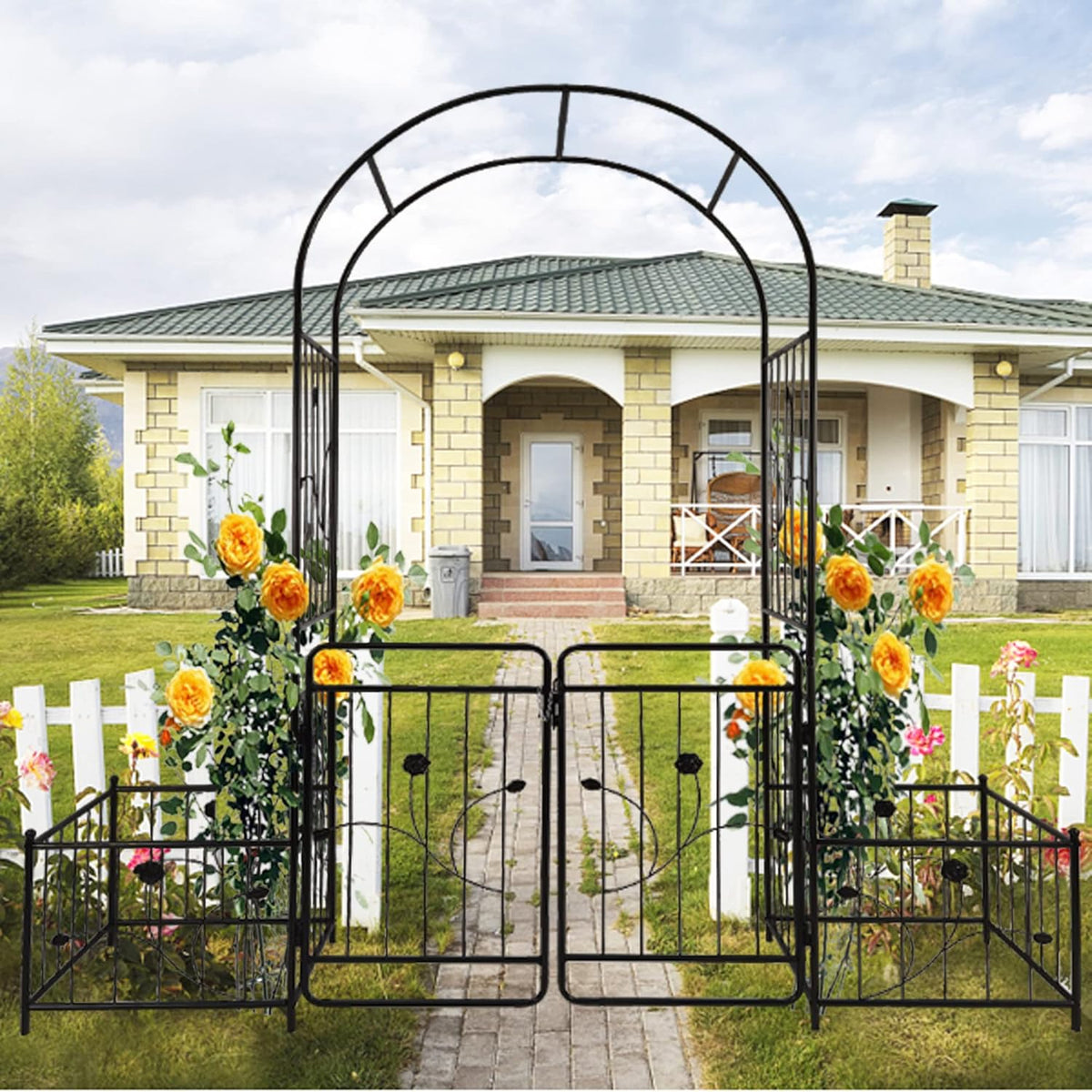 Metal Garden Arbor Arch with Gate and Plant Box, 86.6" H Garden Trellis Wedding Arch Party