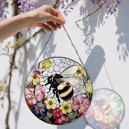 Stained Glass Window Hanging, 8 Inch Bee Stained Glass Ornament, Suncatchers for Windows Hanging