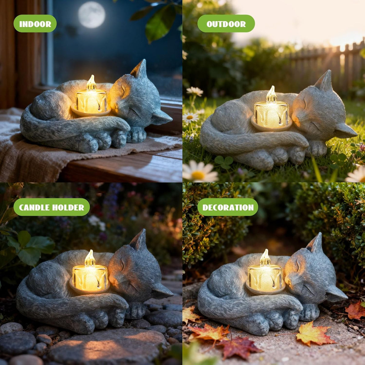 Sleeping Cat Candle Holder Statue Realistic Resin Cat Figurine with Candle Tray Outdoor Garden