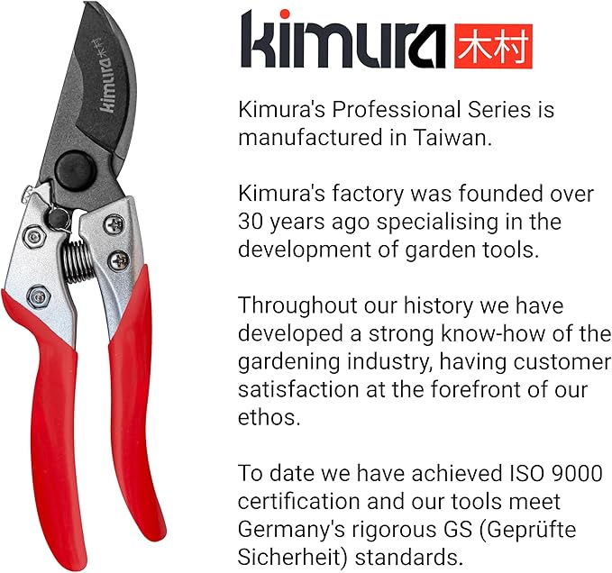 Kimura® 8" Pro Bypass Pruning Shears, Heavy Duty Japanese SK5 Steel Blades, 1 inch Cut Capacity