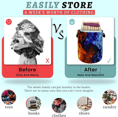 Red Blue Fire Flame Laundry Basket Foldable With Handles Cool Tote Bag Oxford Cloth Colorful