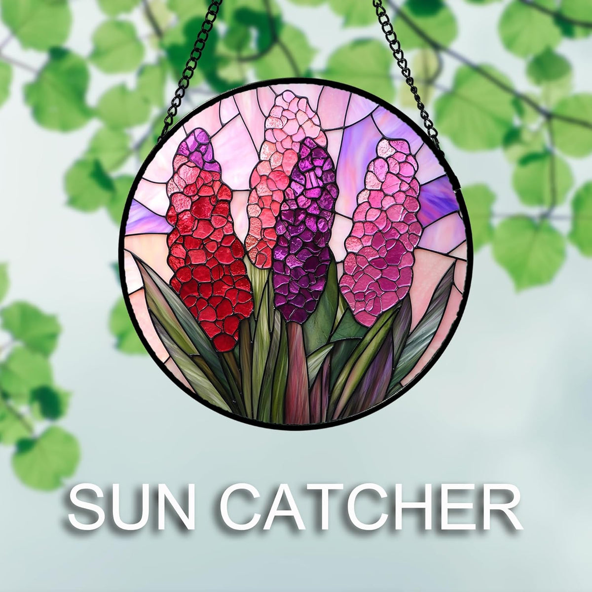 Stained Glass Window Hanging 4 Pcs Set Purple Flower Theme Large 11.8" - Tulip Suncatcher Door