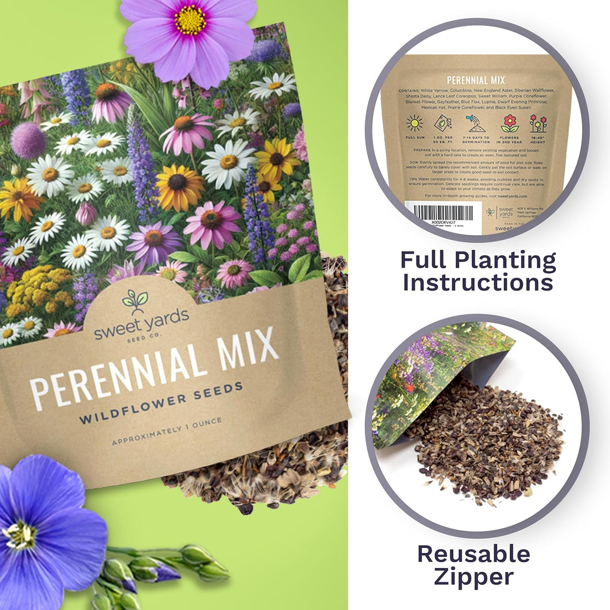 Perennial Wildflower Seeds Mixture - Bulk 1 Ounce Packet - Over 15,000 Pure Live Seed - Open