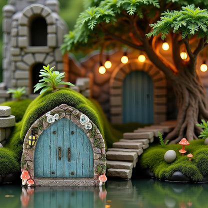 Blue Mini Fairy Garden Door for Tree, 3D Miniature Fairy Door for Fairytale Tiny House Doors