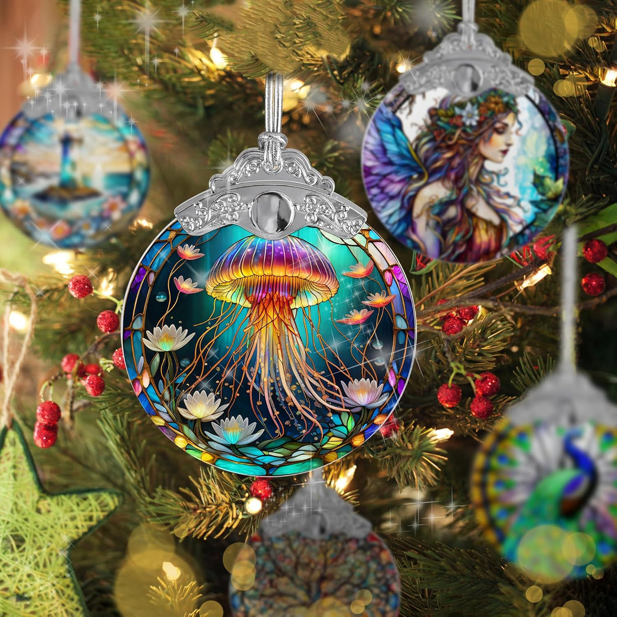 Stained Glass Suncatcher, Jellyfish Ornament for Christmas Tree, Holidays Decor, Home Decoration