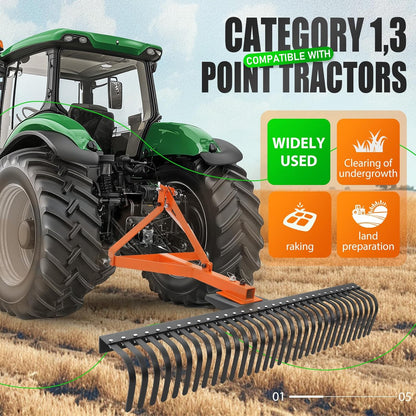 KUAFU 60 in Landscape Rake, 3 Point Rake Compatible with Category-1 Tractor, 360 Degree Rotation