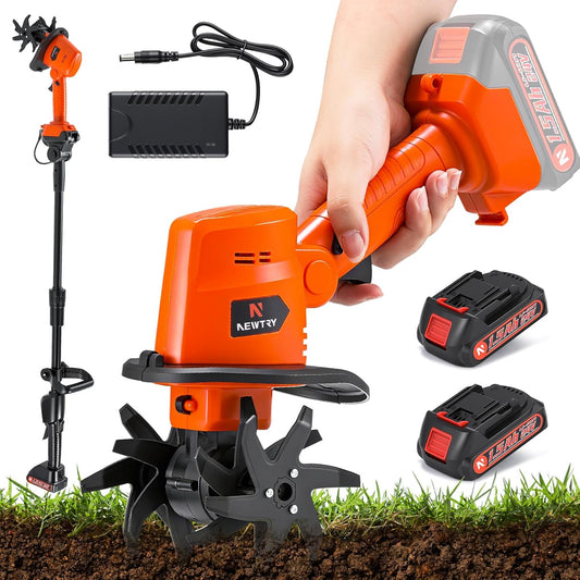 NEWTRY Cordless Electric Tiller Handheld & Extended Rod Dual Modes, 4'' Tilling Depth & Width, with