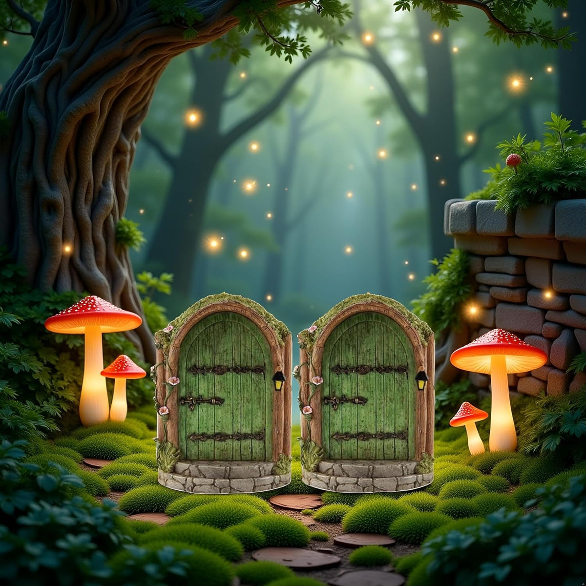 2Pcs Green Fairy Door Wooden Miniature Fairy Gardens Doors Outdoor Mini Fairy Gnome House