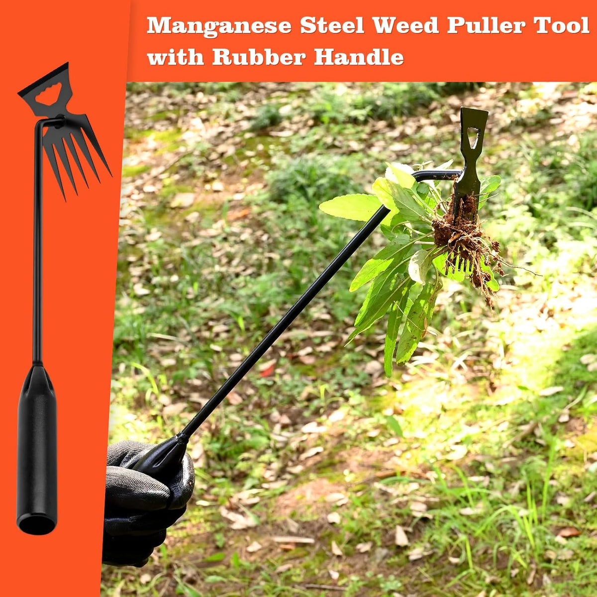 Weed Puller Tool Garden Weed Pulling Tool, 4-Tine Manganese Steel Weeder Tool - Black Coated Forged