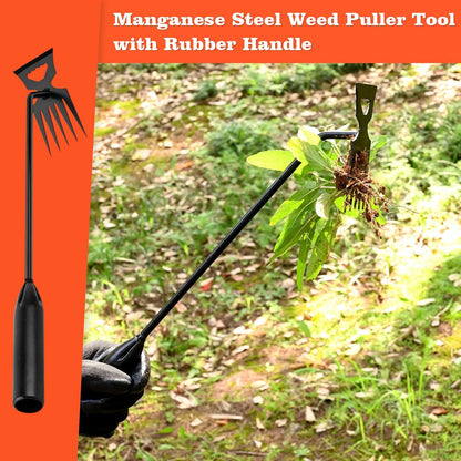 Weed Puller Tool Garden Weed Pulling Tool, 4-Tine Manganese Steel Weeder Tool - Black Coated Forged