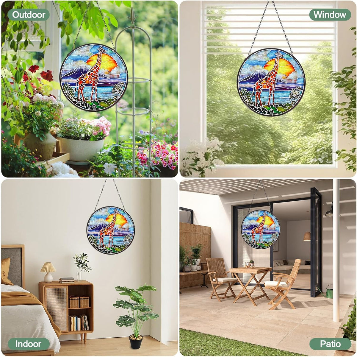 Giraffe Handmade Stained Glass Window Hanging Suncatcher with Chain - 7.9" Outdoor/Indoor Art Decor