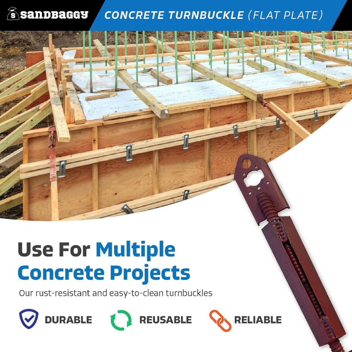 Sandbaggy Concrete Turnbuckle Form Aligner with 5" x 3" Flat Plate (35" - 37.5" Length) - Rust