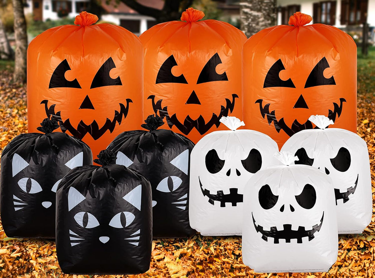 Giiffu 9-Pack Halloween Leaf Bags with Twist Ties – Heavy Duty Pumpkin Yard Waste Bags for Lawn