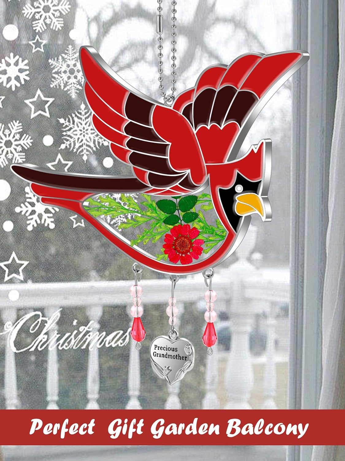 KY&BOSAM Cardinal Suncatcher Grandma Gifts Glass Suncatchers for Windows Hanings Wind Chime,Pressed
