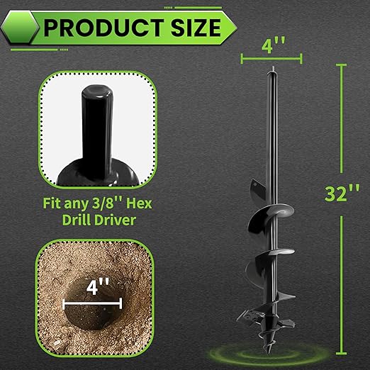 SYITCUN Auger Drill Bit for Planting - 4"X32" Heavy-Duty Auger Post Hole Digger for Fence- 3/8" Hex