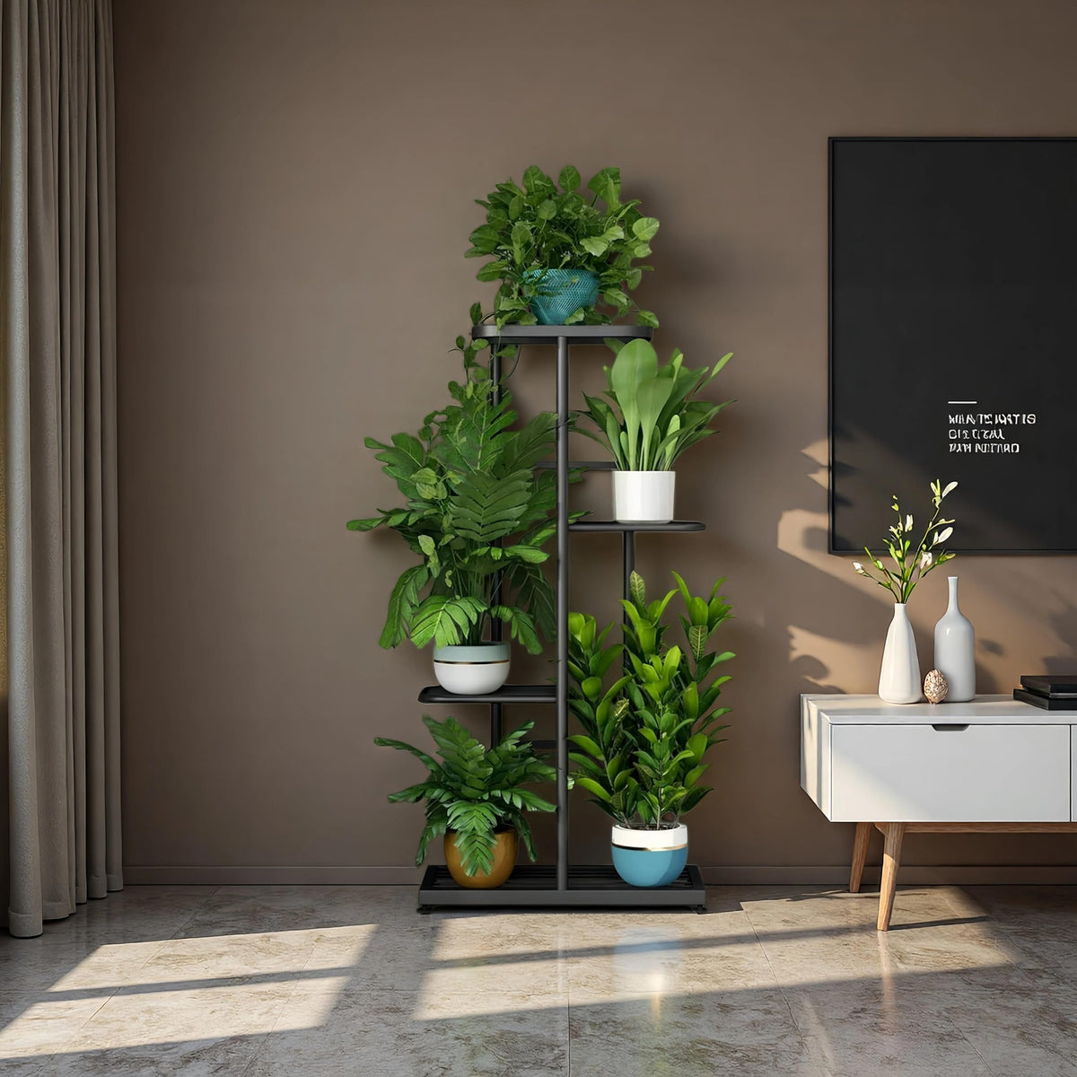 LINZINAR 4 Tier Plant Stand Indoor Outdoor Metal Flower Pot Display Shelf