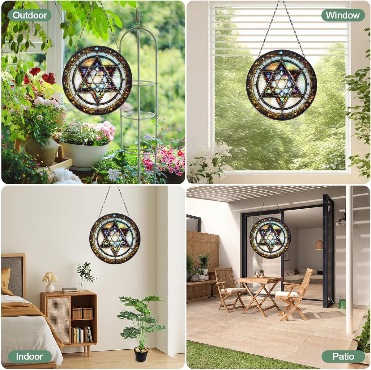 Star of David Handmade Stained Glass Window Hanging Suncatcher with Chain - 7.9" Outdoor/Indoor Art