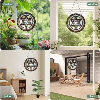 Star of David Handmade Stained Glass Window Hanging Suncatcher with Chain - 7.9" Outdoor/Indoor Art