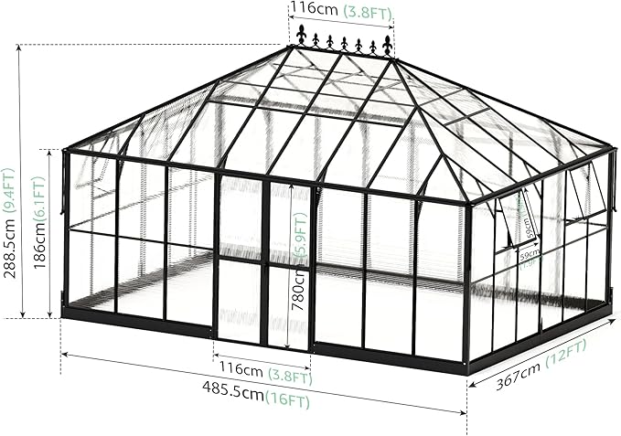 Jocisland 16x12x9.5 FT Polycarbonate Greenhouse- 6 FT Wall Height Outdoor Aluminum Greenhouses with