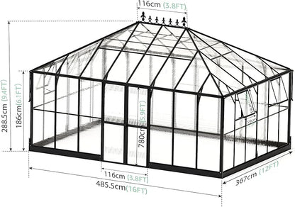 Jocisland 16x12x9.5 FT Polycarbonate Greenhouse- 6 FT Wall Height Outdoor Aluminum Greenhouses with