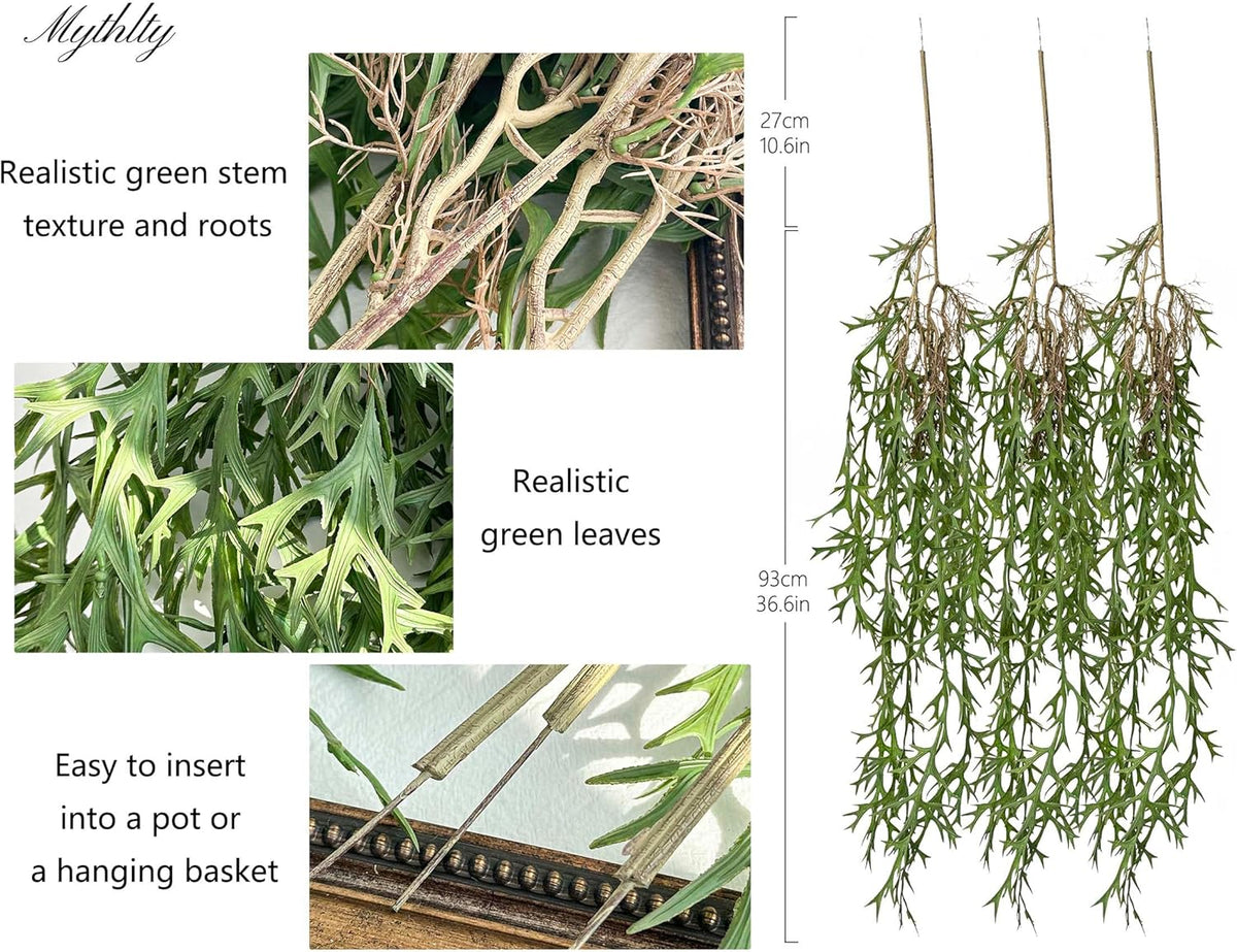 3 Fake Hanging Plants of Lambs Ear Stems with Roots, 47.24 inch Faux Hanging Greenery Plastic