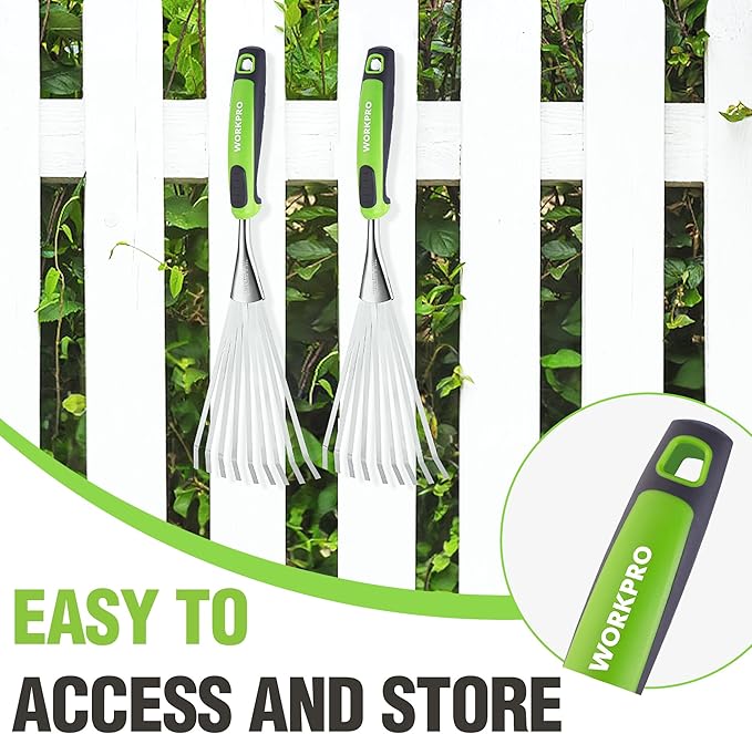 WORKPRO 16" Hand Rake, Heavy Duty Stainless Steel Garden Rake with Soft Handle, Small Garden Hand
