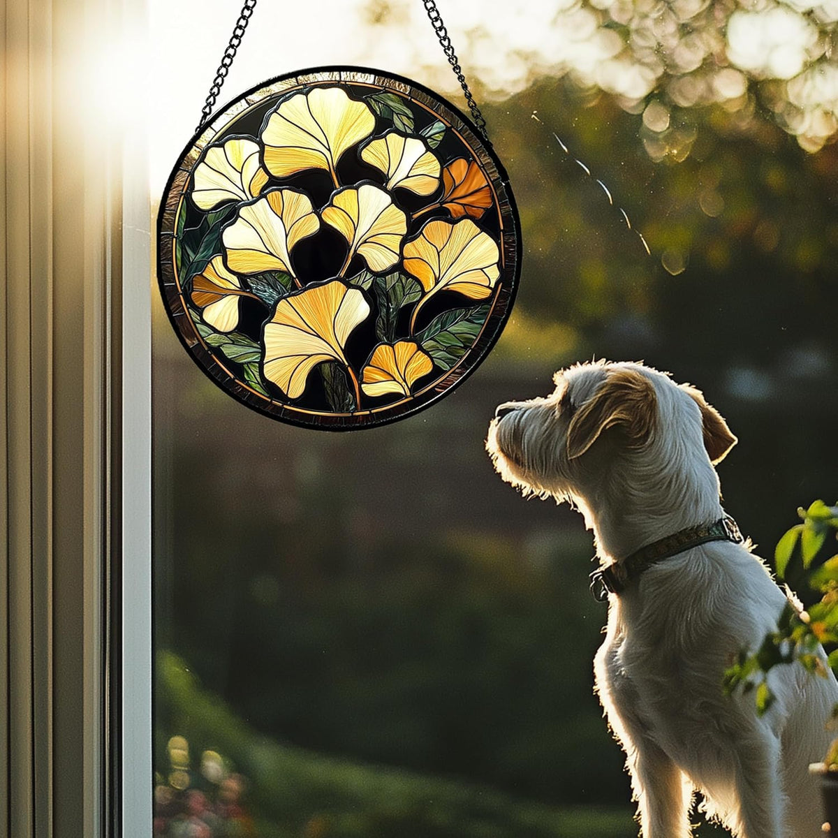 Stained Glass Window Hanging - Ginkgo Leaf Suncatcher for Doors Garden Patio Retro Fall Decor Sun