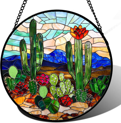 Stained Glass Window Hanging, Green Cactus Suncatcher for Doors Window Home Plant Landscape Sun