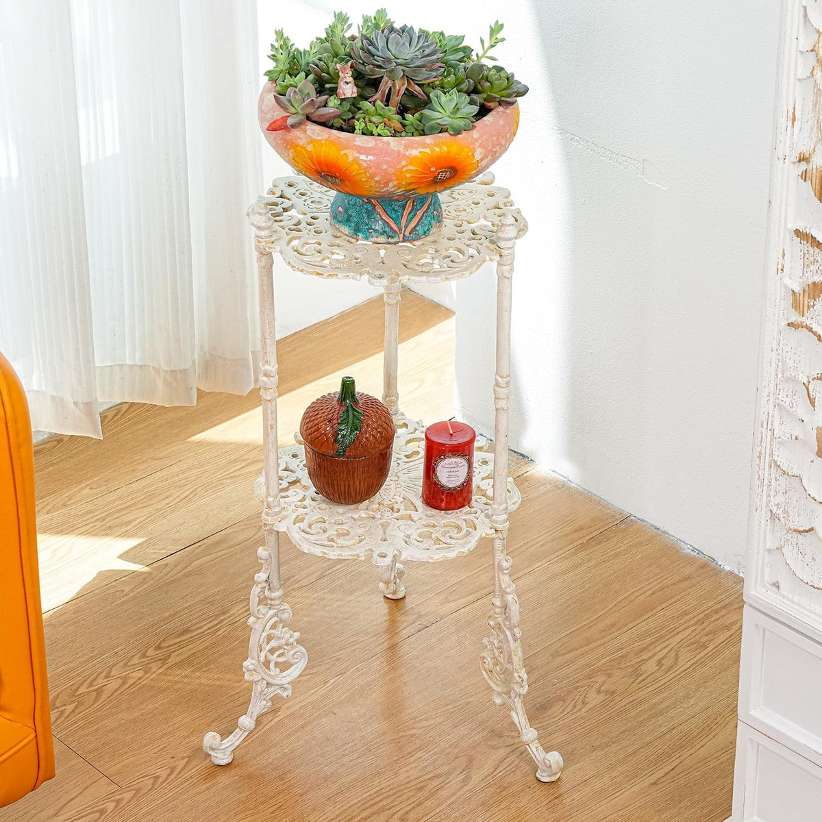 Sungmor Vintage Cast Iron 2-Tier Plant Stand, Elegant Butterfly & Floral Design with Antique White
