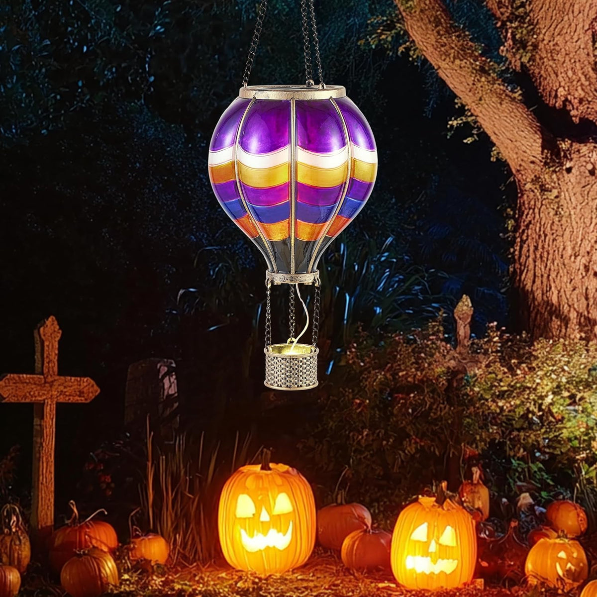 TERESA'S COLLECTIONS Hot Air Balloon Solar Lantern for Halloween Garden Decor, Flickering Flame