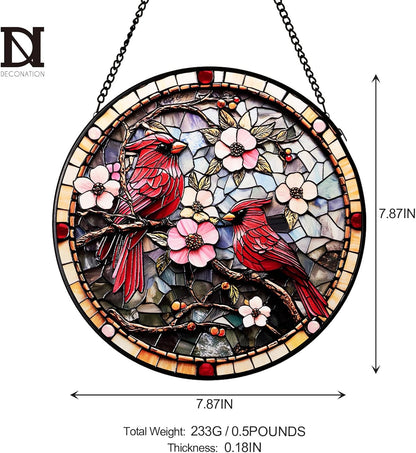 Cardinal Stained Glass Suncatcher - Hand-Painted Window Hanging with Metal Chain, Outdoor/Indoor