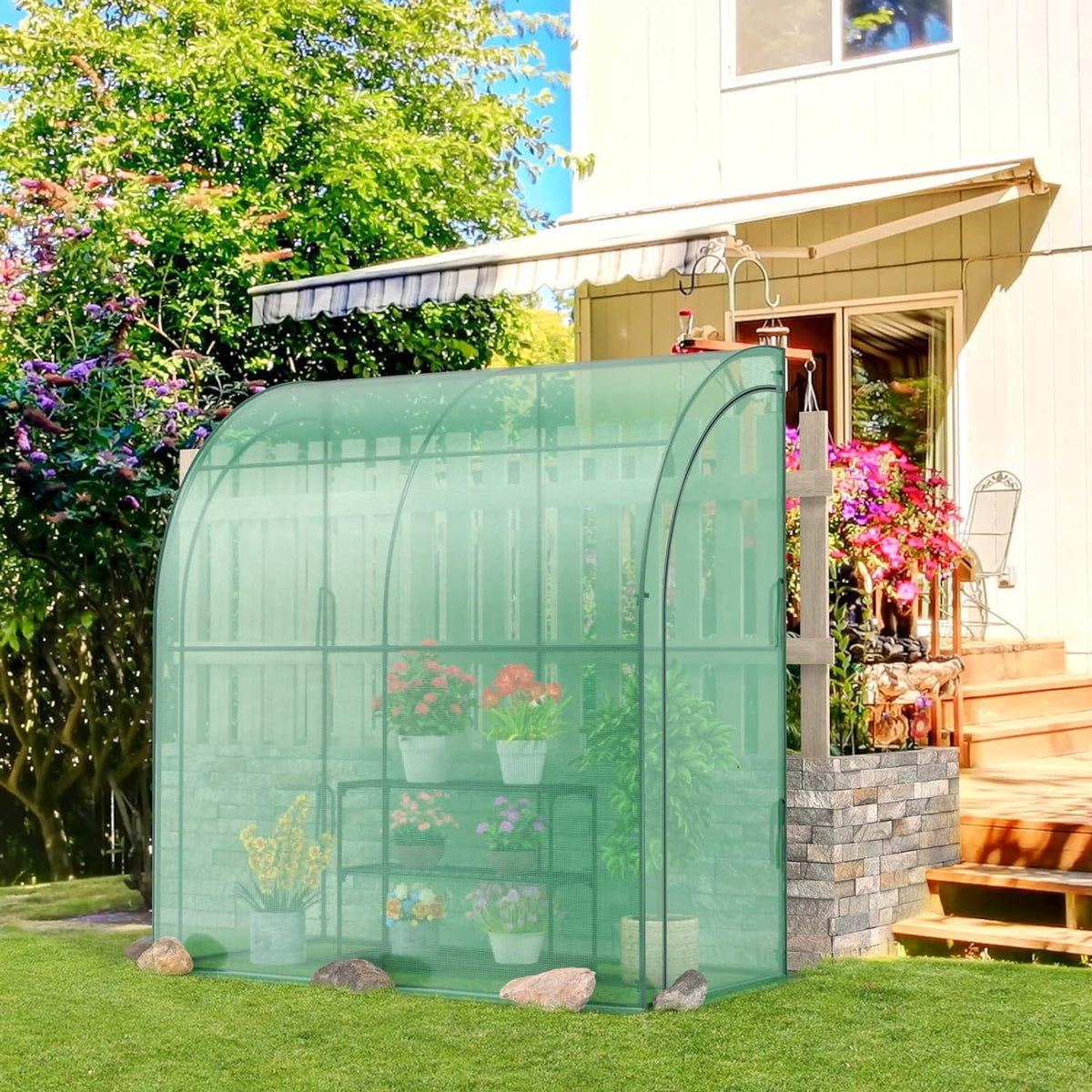Happygrill Walk-in Greenhouse with 3-Tier Flower Rack, Weatherproof PE Cover & Roll-up Zipper