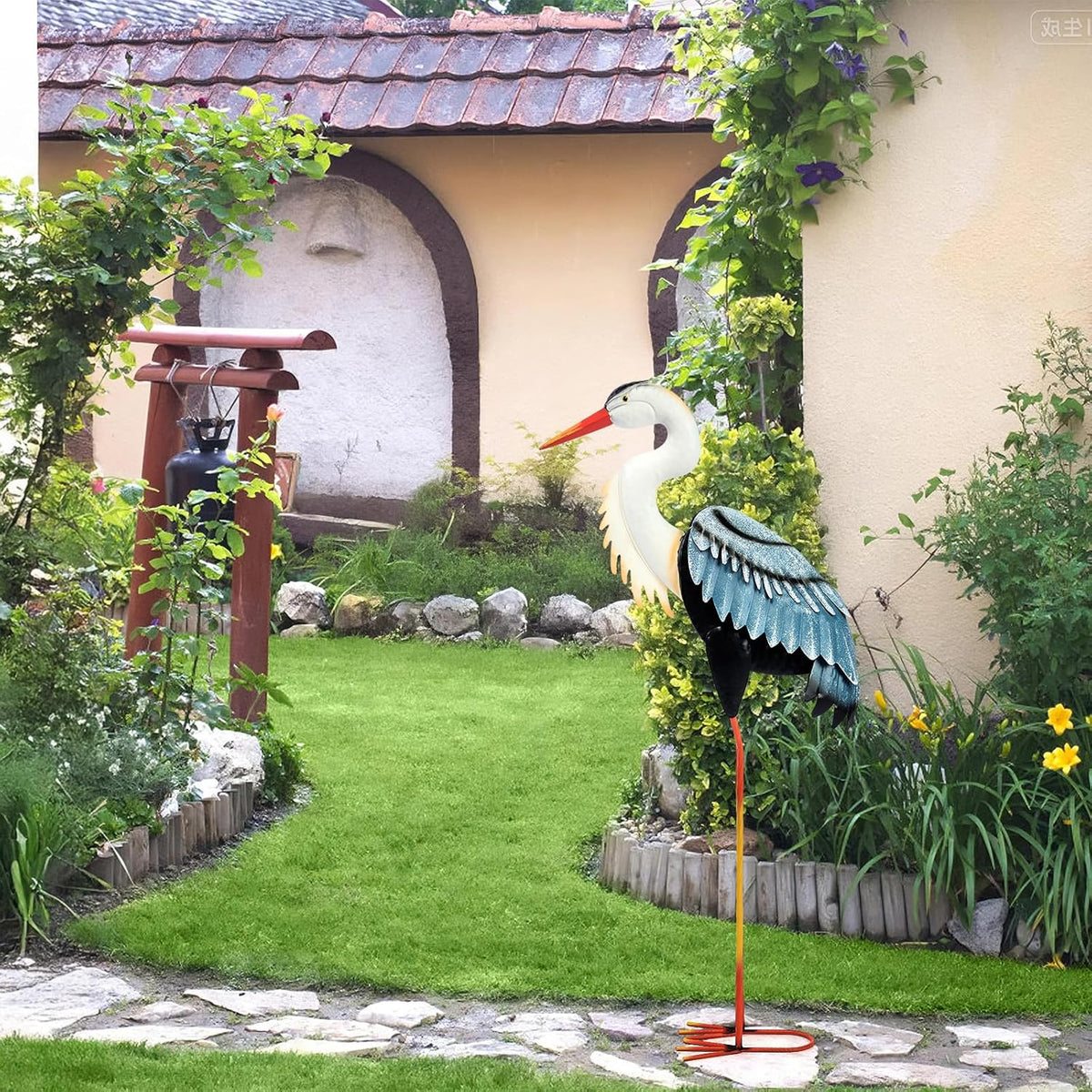 Crane Garden Metal Decor Statue - Large Standing Crane Statue, Metal Birds Yard Art Outdoor