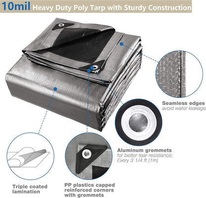 Yescom 50x30ft Heavy Duty Reinforced Poly Tarp Waterproof Tarpaulin 10mil Ground Sheet Camping Tent