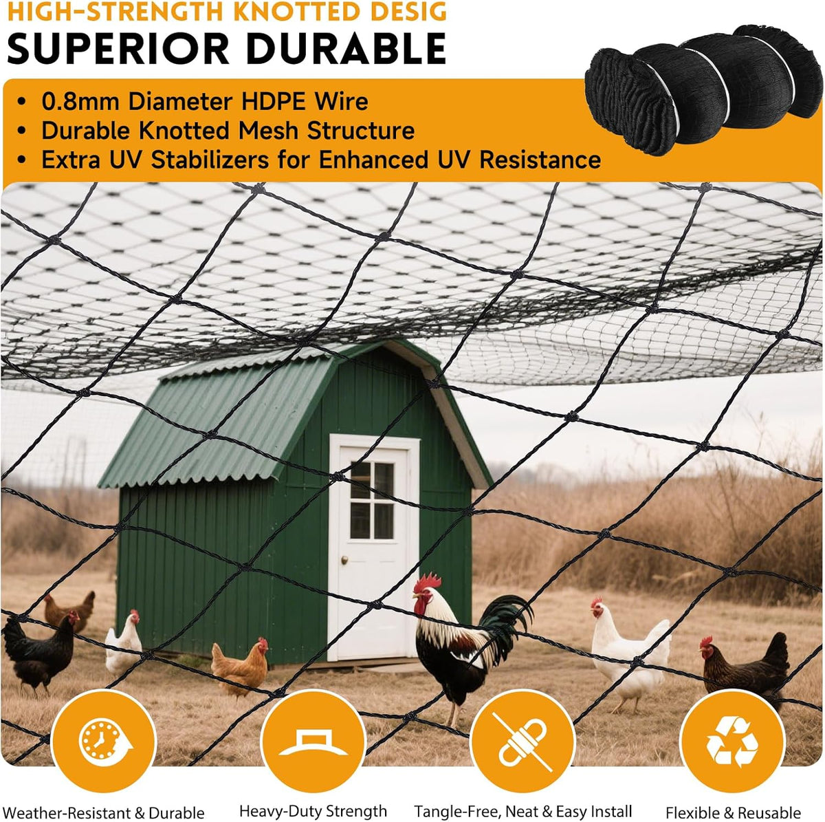 Heavy Duty Aviary Netting 25x50 ft, 1" Mesh Reinforced HDPE Poultry Netting, Anti-Tangle Bird
