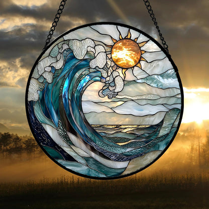 Stained Glass Window Hanging, Blue and White Waves Suncatcher Diamond Glass Panel Landscape Sun