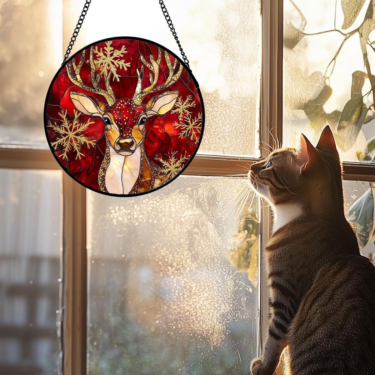Stained Glass Window Hanging 4 Pcs Set Red Golden Snowflakes Large 11.8" - Christmas Elk Rabbit