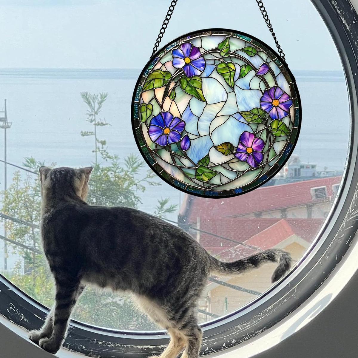 Stained Glass Window Hanging, Purple Morning Glory Flowers Suncatcher for Doors Window Home Plant