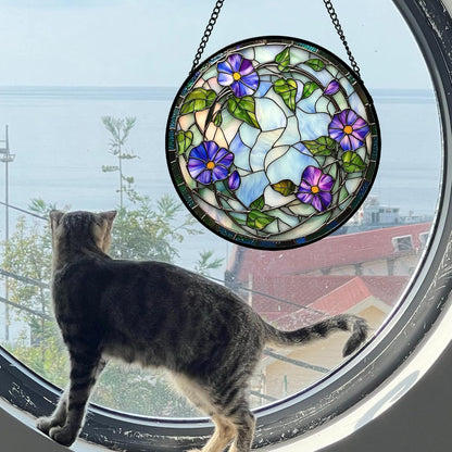 Stained Glass Window Hanging, Purple Morning Glory Flowers Suncatcher for Doors Window Home Plant