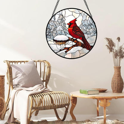 Stained Glass Window Hanging Cardinal Bird Winter Snow Scene 6.3" - Suncatcher Door Garden Sunroom
