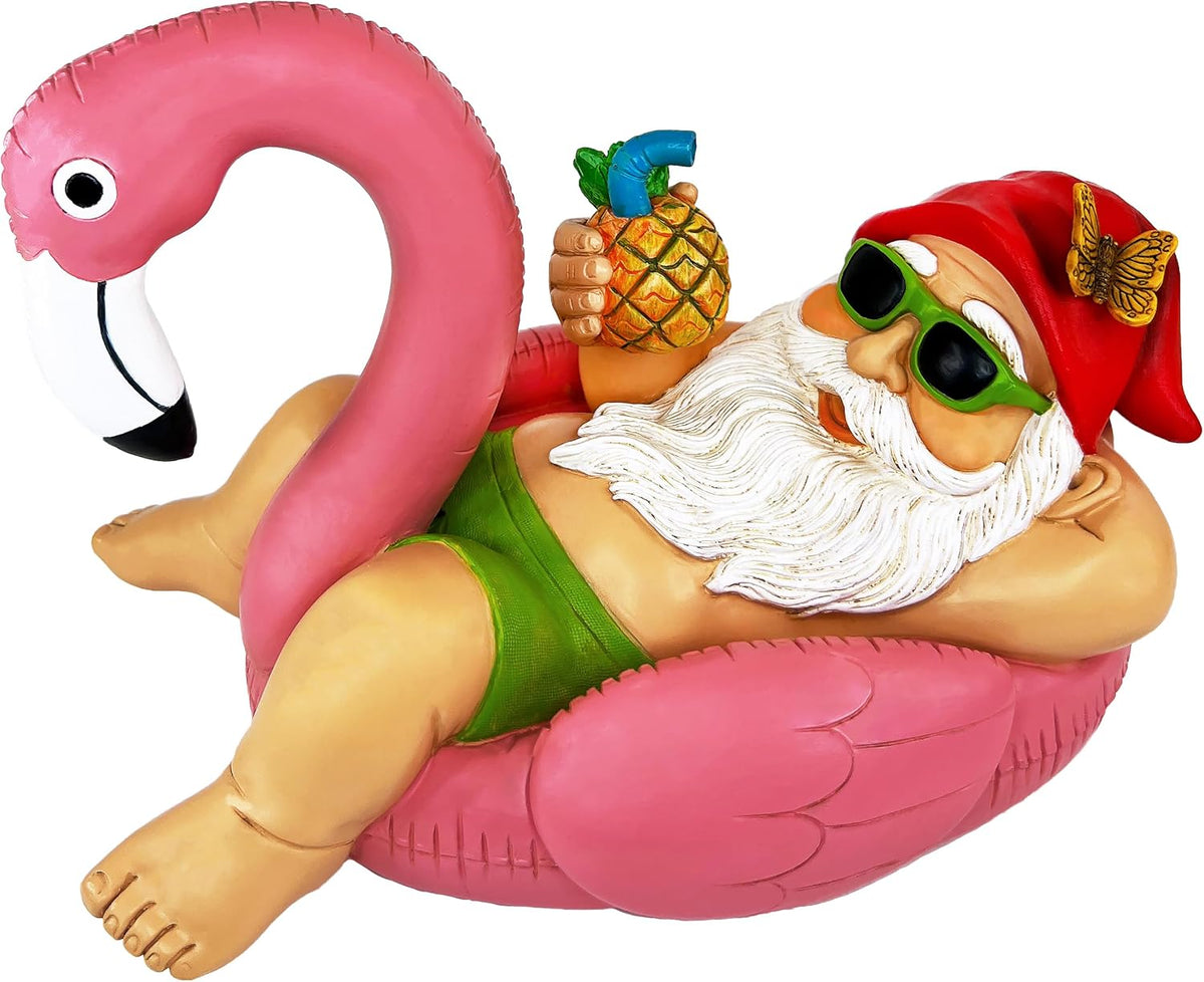 Mood Lab Garden Gnome on Flamingo - Funny Gnome Figurine - 8 Inch Depth Lawn Statue - for Outdoor