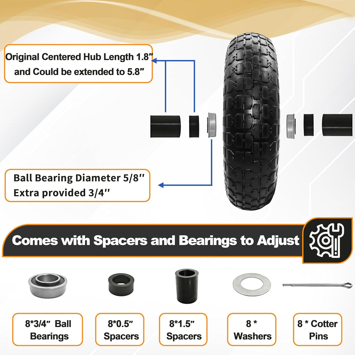4PC 4.00-6 Flat-Free Tires and Wheels,13" Rubber Solid Tire, with 5/8" & 3/4" Bearing, 1.8"-5.8"