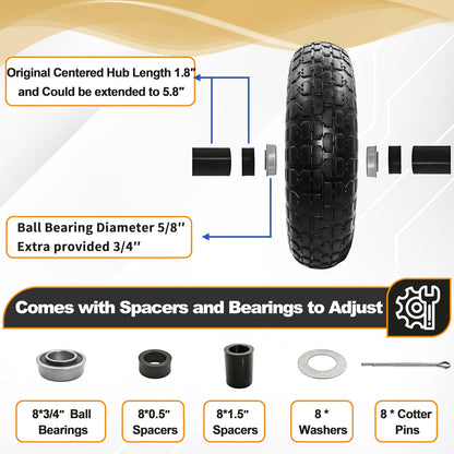 4PC 4.00-6 Flat-Free Tires and Wheels,13" Rubber Solid Tire, with 5/8" & 3/4" Bearing, 1.8"-5.8"